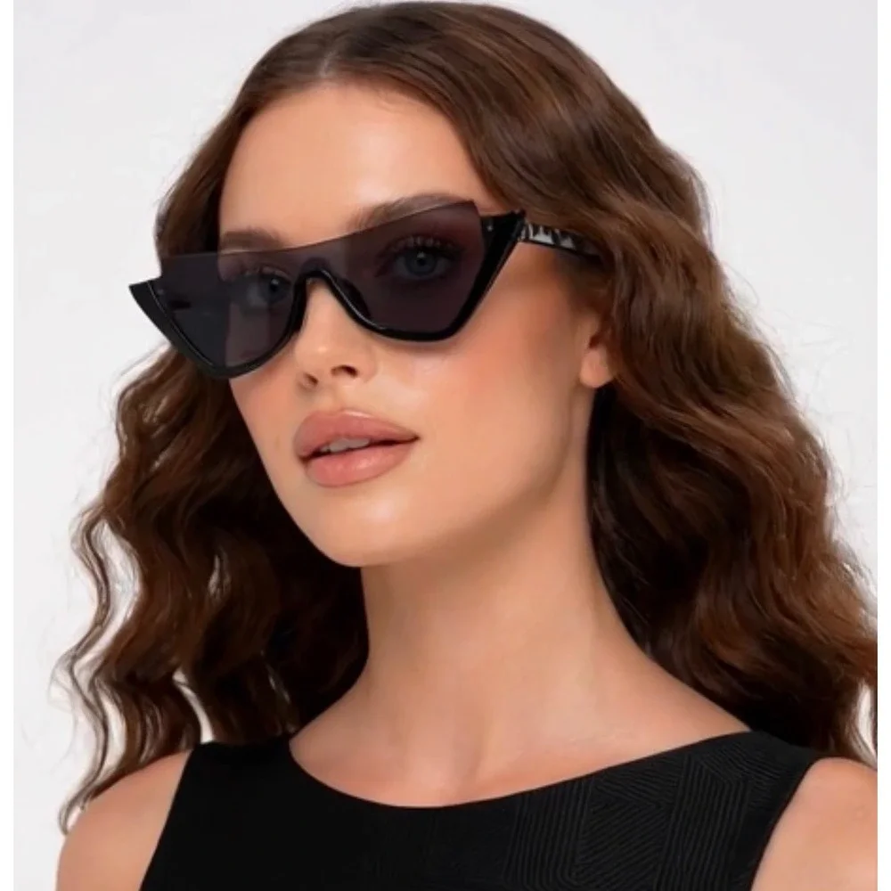 Black Geometric Cat Eye Shield Sunglasses UV400 Grey Marble Arms Futuristic 2026